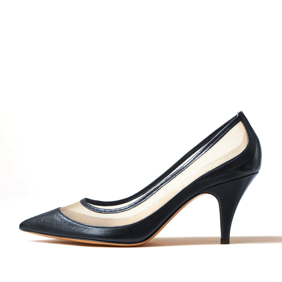 Women's Logo-Embossed Leather Kitten Heel Mesh Pumps | See through