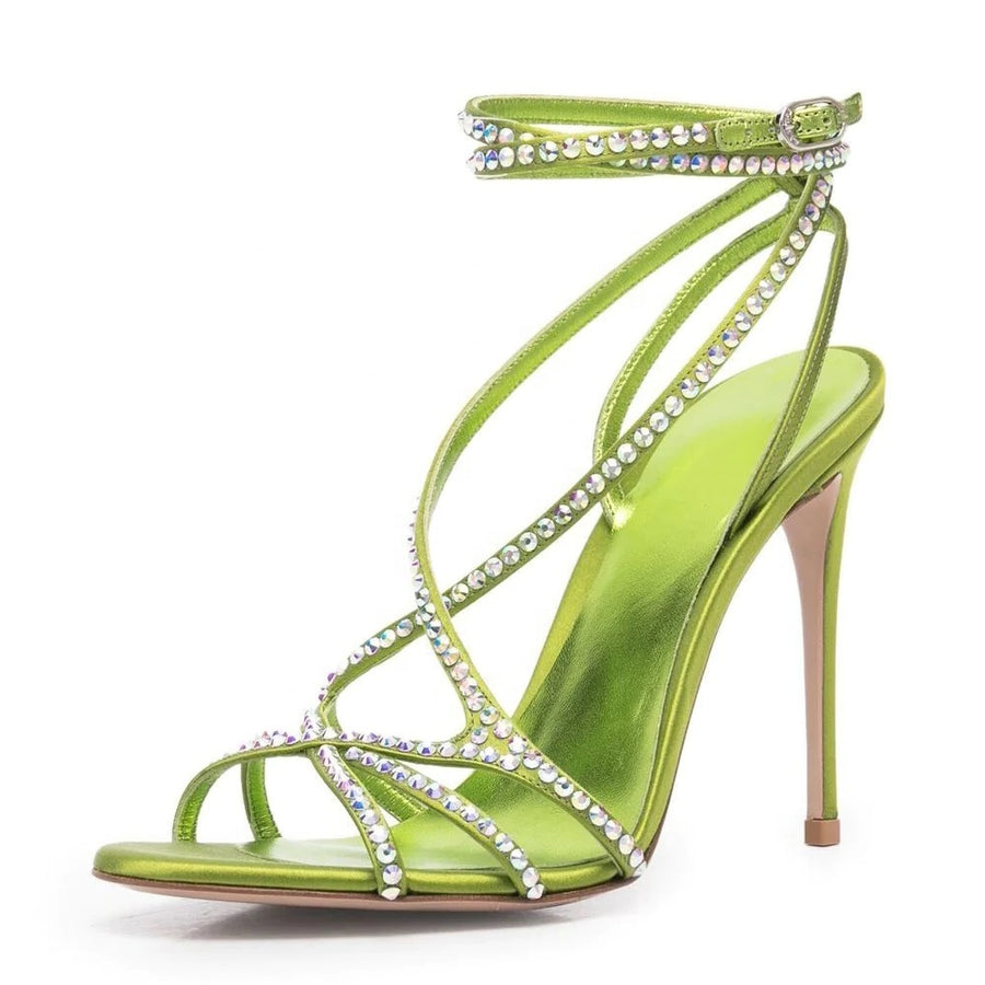 Strappy Crystal High Heel Sandals with Ankle Buckle: Round Toe Stiletto Satin Fancy Shoes - Women's Elegant Heels