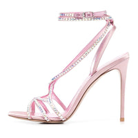 Strappy Crystal High Heel Sandals with Ankle Buckle: Round Toe Stiletto Satin Fancy Shoes - Women's Elegant Heels