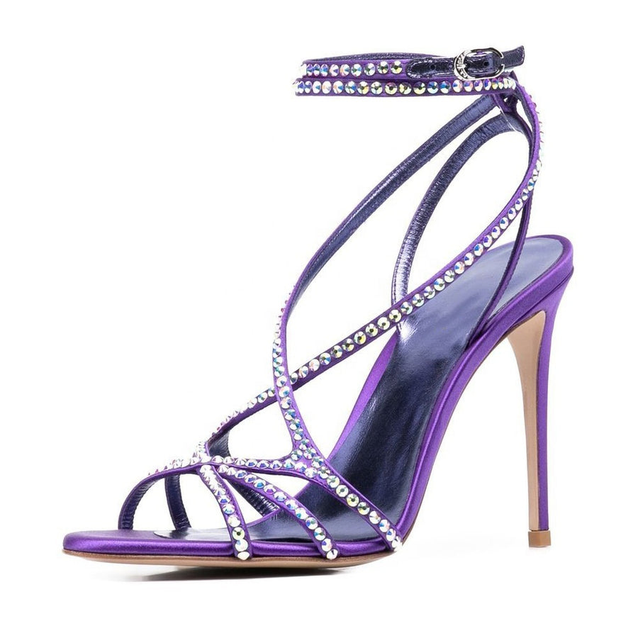 Strappy Crystal High Heel Sandals with Ankle Buckle: Round Toe Stiletto Satin Fancy Shoes - Women's Elegant Heels