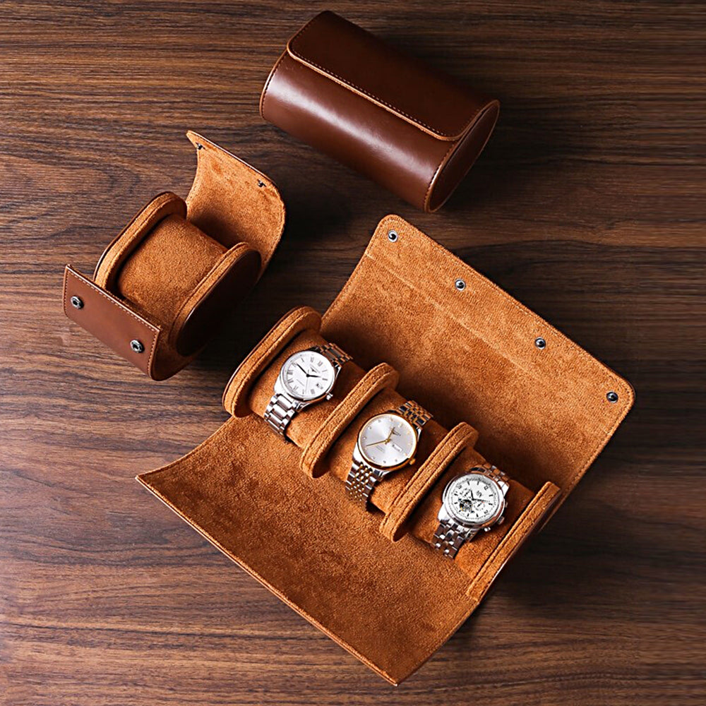 Luxe Leather Travel Roll 3-Slot Watch Organizer & Portable Storage Case