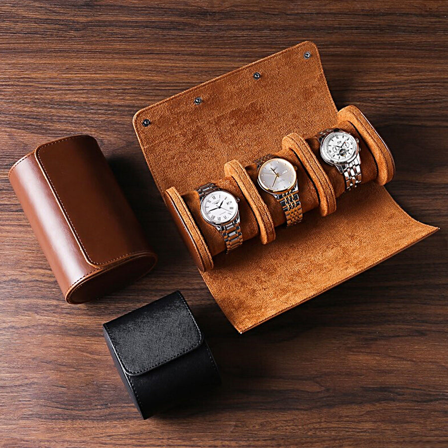 Luxe Leather Travel Roll 3-Slot Watch Organizer & Portable Storage Case