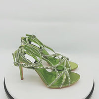 Strappy Crystal High Heel Sandals with Ankle Buckle: Round Toe Stiletto Satin Fancy Shoes - Women's Elegant Heels